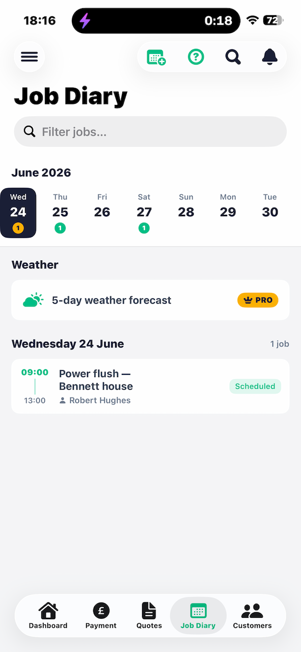 Yoley job diary with a weather-aware schedule of upcoming jobs