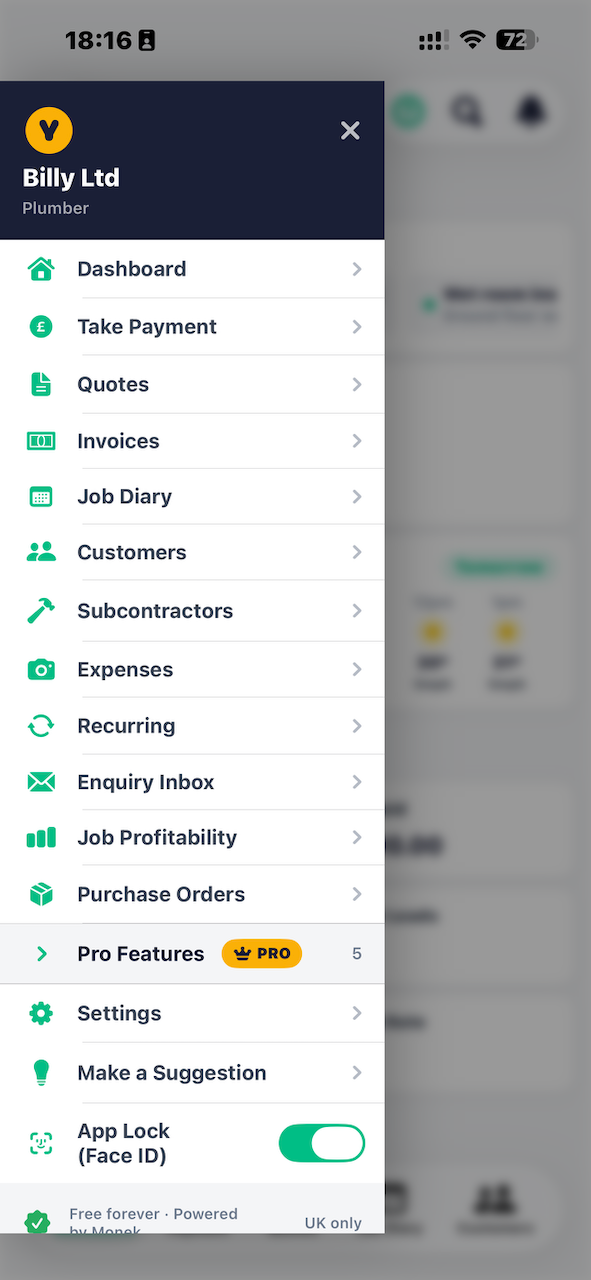 Yoley menu showing quotes, invoices, job diary, customers, subcontractors, expenses and more