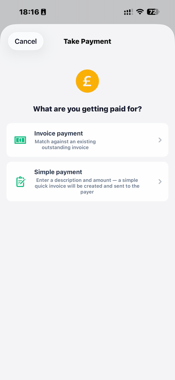 Yoley take payment screen for invoice and simple payments