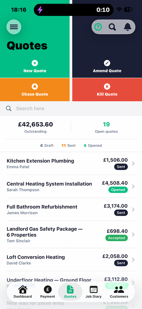Yoley quotes screen showing open quotes, their status and total pipeline